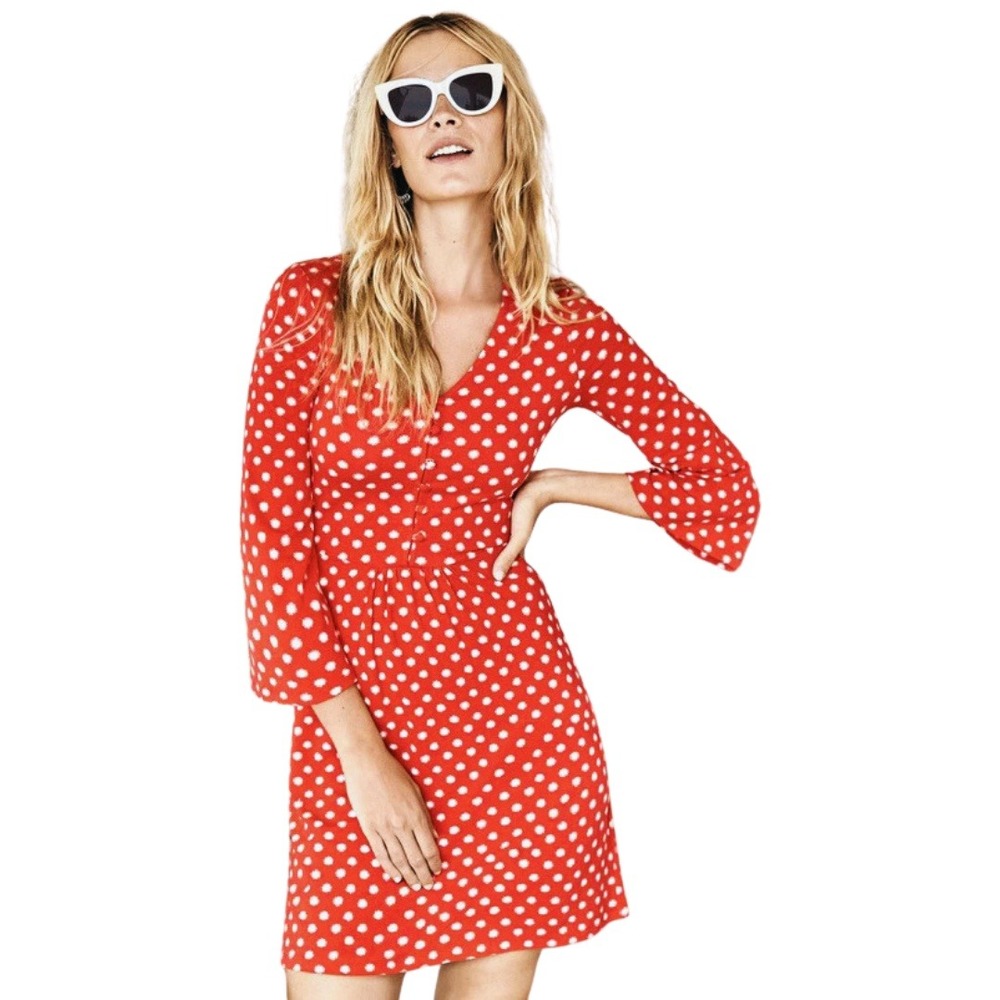 Boden Dress Womens US 4 Red White Scarlett Sun Dot V-Neck Jersey Knit 3/4 Sleeve